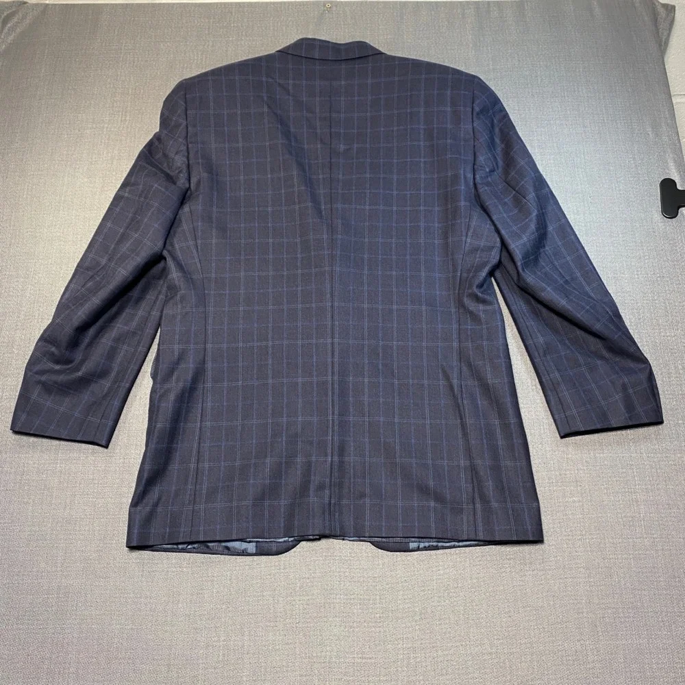 Jack Victor Mens 44L Blazer Navy Blue Windowpane Super 120s Wool Sport Coat 44 L